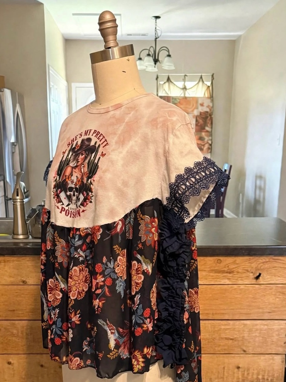 Boho Mixed-Media Floral Tunic Top in Taupe & Navy